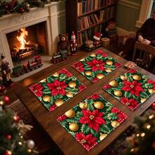 1 set/1 pieza/4 piezas/6 piezas Manteles individuales con estampado de flores de acebo navideñas, lavables a máquina, de poliéster rectangular, protectores de mesa, manteles individuales termoaislantes, decoraciones de mesa de restaurante, suministros para fiestas, decoraciones navideñas que pueden regalarse