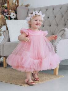 女婴粉色短袖薄纱优雅公主裙，适合情人节派对、女婴周岁生日、婚礼花童、特殊场合和节日庆典。 - 粉色 - 查看 1