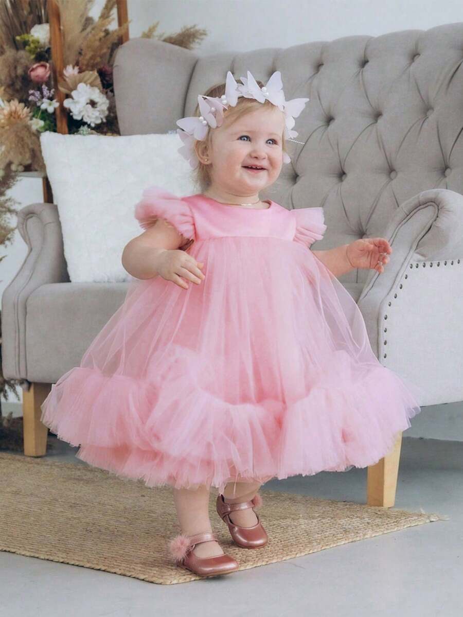 女婴粉色短袖薄纱优雅公主裙，适合情人节派对、女婴周岁生日、婚礼花童、特殊场合和节日庆典。 - 粉色 - 查看 1