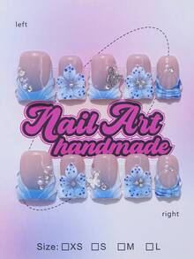 10 piezas Conjunto de uñas postizas con diseño de pico de pato estilo Y2K - Artesanales, uñas azules, estilo francés azul y blanco, flores 3D hechas a mano con centro amarillo, flor azul 3D, flor azul dibujada a mano y estilo francés degradado azul y blanco, diseño de gota de agua 3D dibujado a mano, suministros para uñas