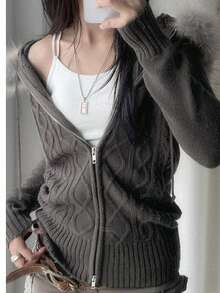Y2K Streetwear Style Plush Hooded Knit Zip-Up Sweatshirt, Long Sleeve, Korean Fashion, Autumn Jacket For Women Winter - Grey - View 5