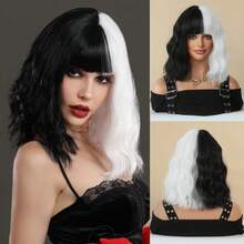 7JHH WIGS 14 英寸短款波浪双色黑白假发，适合女士齐肩卷发波波头假发，带刘海，高品质合成纤维头发，斑点和怪异哥特式女巫服装假发，适合女孩万圣节角色扮演服装 - 主题派对使用（社交媒体照片分享） - 拼色 - 查看 11