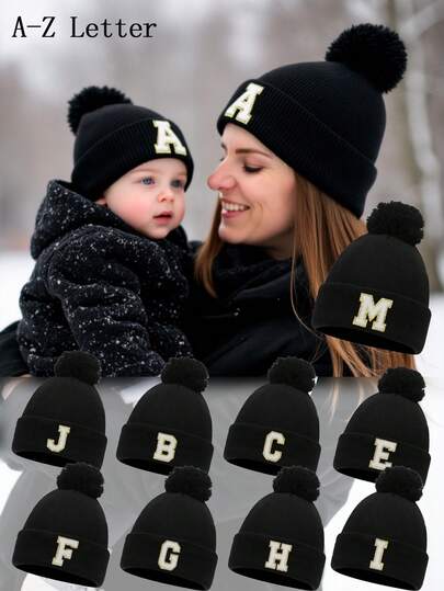 1PC Parent Children A-Z Letter Knitted Caps Girls Hat Kids Beanie Cap Infant Accessories Children Hats Elastic Student Girl Boy Hat