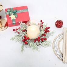 1 pièce Couronne de décoration de fleurs de simulation de neige, de fruits rouges, de pin et de cyprès pour Noël. Couronne de simulation d'aiguilles de pin blanc givré, petites fleurs, décoration de scène de fête