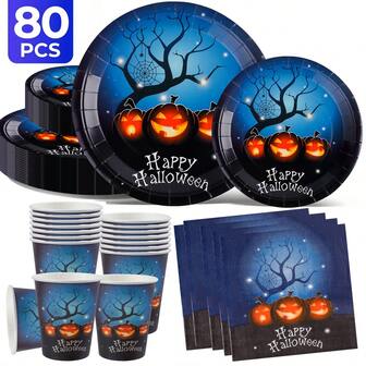 طقم أدوات المائدة القابلة للتخلص منها لحفلة هالوين 2025، طبق حفلة قابل للتخلص منه، يشمل طقم 20 شخص/طقم 10 أشخاص، كوب ورقي بحجم 7 بوصة + 9 بوصة + مناديل ورقية، منتجات حفلة هالوين الجديدة! حفلة عيد ميلاد، أطباق عيد ميلاد، ديكور مطعم، مطبخ، قرع، ساحرة، خفاش، عنكبوت، هيكل عظمي، شبح، شاهد قبر، قلادة زخرفية.