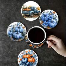 6 piezas/set o 420 piezas/70 sets Posavasos con estampado de hojas florales y calabazas de otoño, de 10 cm/2 mm de grosor con base de goma suave absorbente y redonda, con respaldo de goma suave, posavasos decorativos adecuados para tazas, decoración del hogar, cocina y mesa de comedor