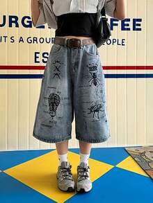American Retro American Street Washed Insect Graffiti Denim Shorts Men's Loose Straight Casual Cropped Pants - Multicolor - View 3