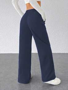 Pantalones ligeros de verano para mujer, con un diseño de corte holgado en color liso y cintura ajustable. Adecuados tanto para actividades deportivas como para el uso diario. (Nota: el primer producto utiliza un tejido más ligero y fino, tiene un precio más bajo y es de calidad estándar. Si esto le preocupa, le recomendamos que no lo compre). - Azul Marino - Ver 2