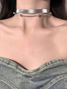 银色赛博朋克风格颈链，双层皮革颈带，女士适用 - 幾何 - 查看 8