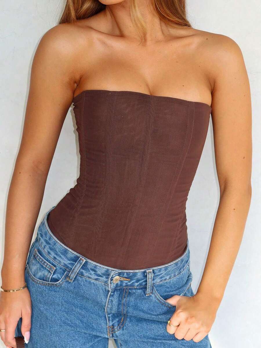 Women's Vintage Strapless Corset Tops Zip Back Boned Mesh Bustier Bodyshaper Tube Top - Cà phê nâu - Xem 1