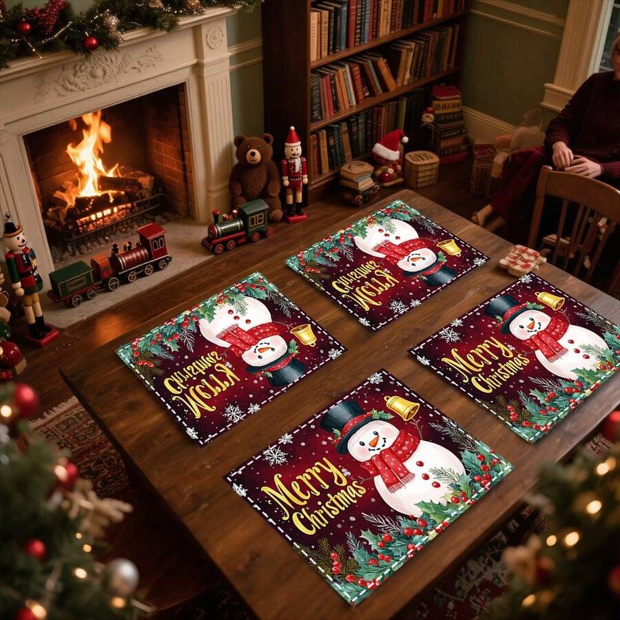 1 Set/1 Stück/4 Stücke/6 Stücke Weihnachtsmann und Stechpalmenbeeren Muster Tischsets, maschinenwaschbare rechteckige Polyester Tischsets, Tischschutz, wärmeisolierende Tischsets, Restauranttischdekoration, Partyzubehör, Weihnachtsdekoration, alles kann als Geschenk gegeben werden