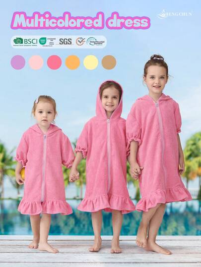 1pc Girls' Hooded Zip-Up Swim Cover-Up, Cute Puff Sleeve With Skirt, Available In Multiple Ages, Absorbent Towel Fabric, Suitable For Toddlers & Kids, Great For Home, Swimming, Bathing