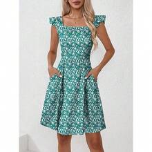 Women's Summer Dresses Casual Square Neck Floral Sundress With Pockets A Line Flowy Beach Dress - màu xanh lá - Xem 4