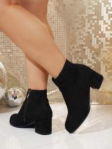1 par enfärgade, avslappnade, preppy, sidodragkedja, bred passform, bekväma ankelstövlar och korta stövlar, grova klackar med hög klack för kvinnor, höst/vinter - Svart - Visa 1