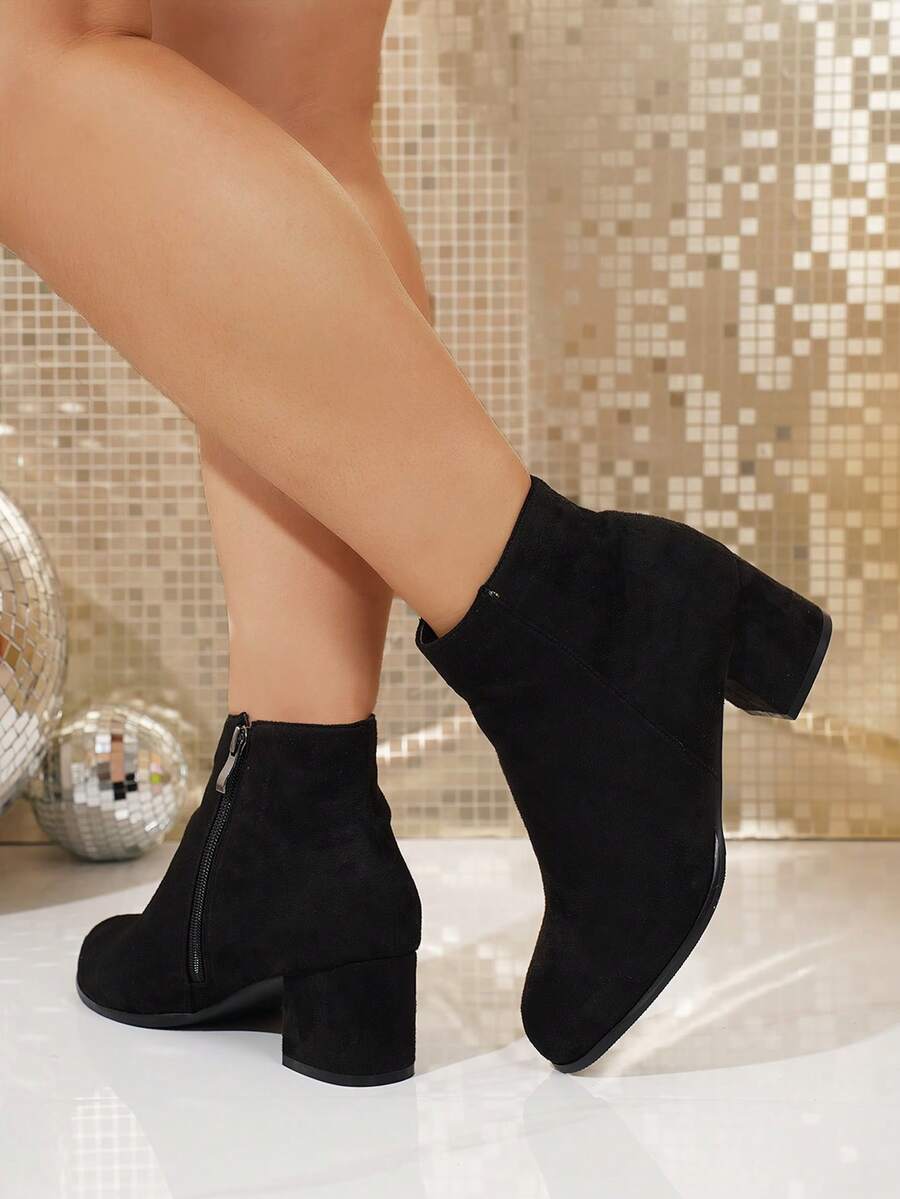 1 par enfärgade, avslappnade, preppy, sidodragkedja, bred passform, bekväma ankelstövlar och korta stövlar, grova klackar med hög klack för kvinnor, höst/vinter - Svart - Visa 1