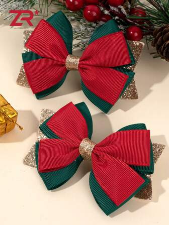 クリスマス 女の子 ヘアクリップ 2個セット、カジュアルリボン ヘアクリップ、エレガントなホリデー ヘアアクセサリー、ヘアクロー、ヘアクリップ