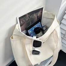 1 Piece, Large Capacity, Durable, Spacious, Commuting, Zipper Closure, Canvas Material, College Style, Beige/Black Two-Color, Square, Zipper Closure, Adjustable Shoulder Strap, Commuter Storage, Anti-Theft And Durable, Workplace Commuter Shoulder Bag