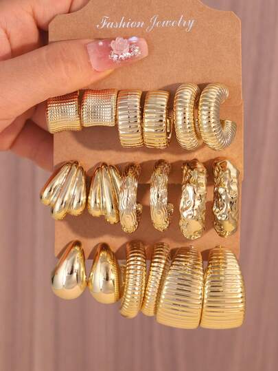 Set de 6 piezas/18 piezas de pendientes de oro CCB con diseños de gota, en forma de C de madera, roscados y multicomponentes, un regalo de fiesta de moda, un elegante conjunto de pendientes para mujeres