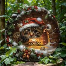 Vintage Christmas Cat Metal Sign - Wall Art Decor For Indoor & Outdoor Use, Ideal For Home, Restaurant, Cafe, Garage, Humorous Wall Art, 7.87 X 7.87 Inches - Foil Engraving Festive Feline Design Home Decor Christmas Decorations Room Decor