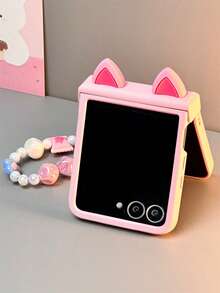 Carcasă de protecție mată maro cu suport pentru urechi în formă de inimă drăguță, compatibilă cu Samsung Galaxy Z Flip7 Flip6 ZFlip5 4 3, cu șnur din nailon, anti-cădere, pliabilă, rezistentă la cădere, pentru PC