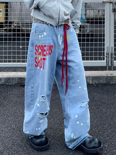 1pc Hearty Haven American Streetwear Brand Graffiti Distressed Wide Leg Casual Pants, College Style, All Season, Loose Fit Washed Print Denim Trousers (No Belt & Accessories)