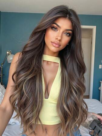 Elegant och moderiktig, 13*3,5 framspetsperuk brun ombre långt lockigt hår, 26 tum lång, framspetsperuk för kvinnor, lämplig för daglig användning, värmebeständig syntetisk vävd peruk, naturlig och realistisk peruk, Halloween, jul, nyår, karneval, musikfestival cosplay, tjejpresent, sommarexamenspresent, färdig present, Halloween, julklapp