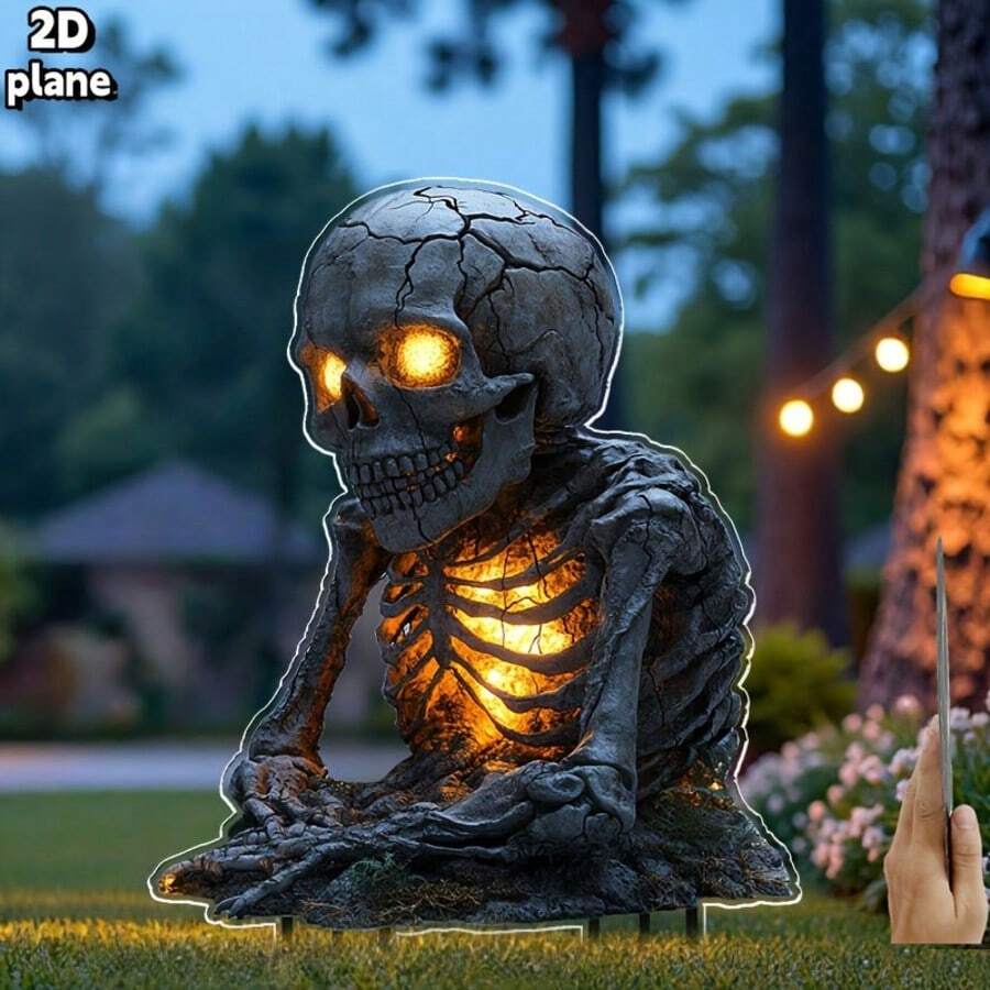 2D Flat Halloween Skeleton Garden Stakes - Easy To Install Outdoor Yard Decor Without Tools, With Realistic Glowing Eyes Suitable For Halloween Party, Graveyard, Patio - Durable Plastic Lawn Display Stakes, Perfect Halloween Gift, Creates Eerie Atmosphere, Sturdy Structure, Essential For Party Planners