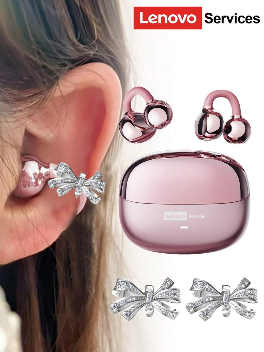 Lenovo Lenovo LE302 Fashionable Bluetooth Headphones With Bow Earphone Accessory, Clip-On Stereo Surround Sound, High-Quality Audio, Low Latency, ENC Noise Cancellation, Comfortable Wear, Suitable As Stylish Earring Accessory And Gift For Women