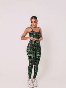 LIFE Women's Printed Fitness Set With Padded Top + High Compression Leggings - Black/ - View 7
