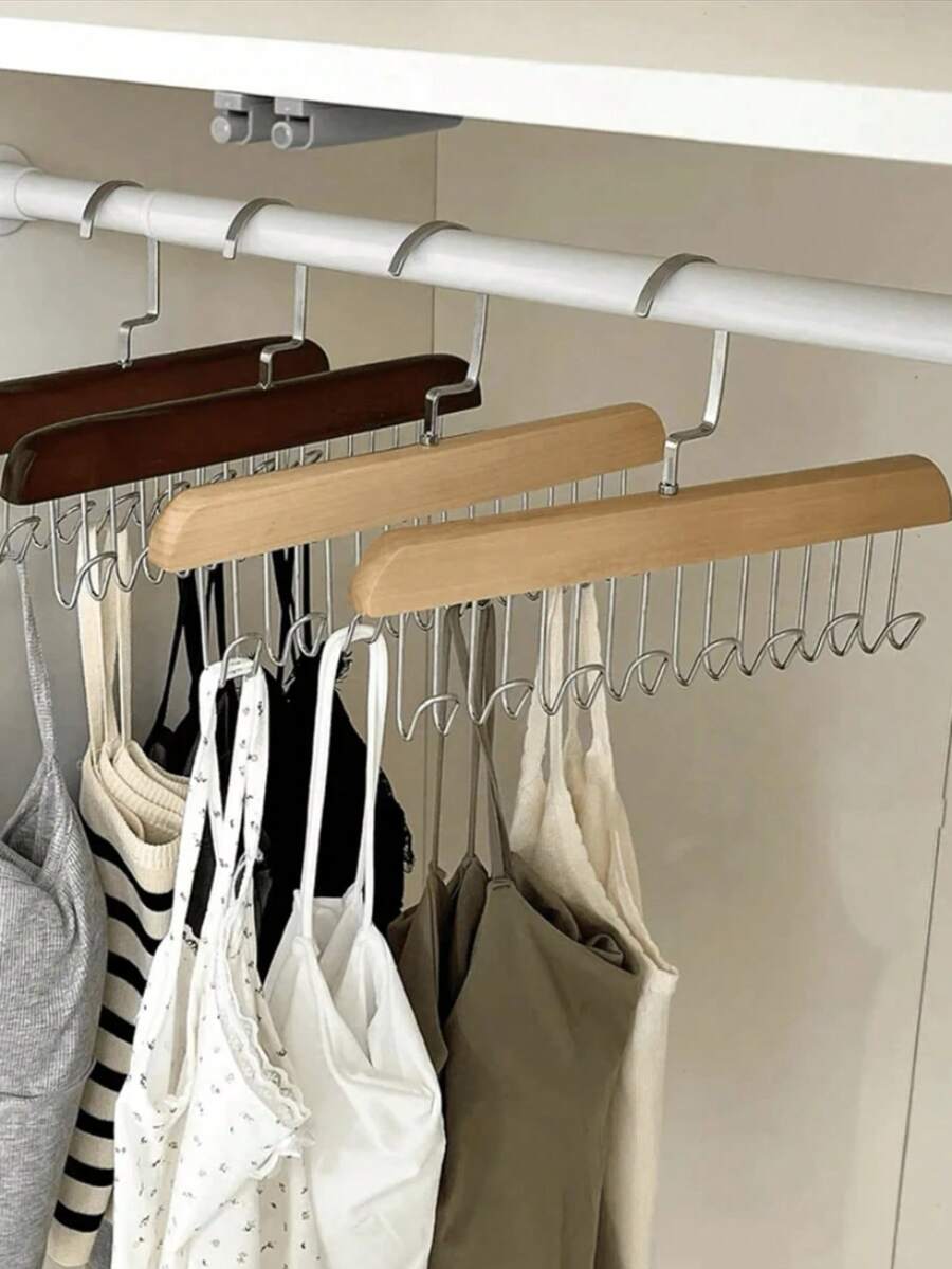 3/1pcs Multi-Functional Wooden Coat Hooks, Clothes Hanger Rack, Closet Storage Organizer With 8 Rotating Hooks, Space Saving For Hanging Shirts, Underwear, Bras, Hats, Ties, Straps, Vests And More. Damage-Free Drying Rack, Essential For Back To School, School Supplies. - Multicolor - View 1