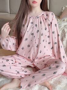 2 Stück/Set Damen Rosa Blumen Langarm Hemd und lange Hose Pyjama Set, Kragen Crinkle Stoff Loungewear, Herbstkleidung
