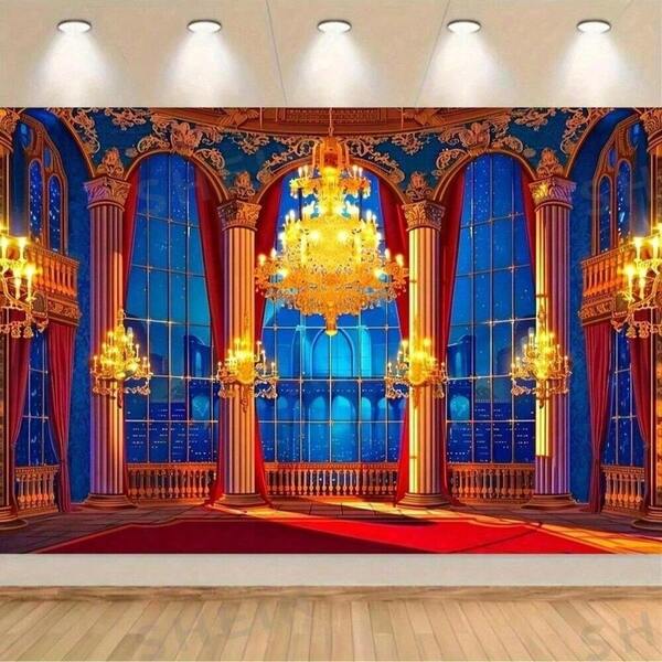 1 Stück Polyester Prinzessin Belle Geburtstags-Party, Ballsaal Hintergrund Banner - Universelles Biest Schloss Fotografie Hintergrund, Keine Stromversorgung erforderlich, geeignet für Inneneinrichtung, Studiofotografie und Feierlichkeiten.