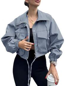 Womens Cropped Zip Up Lightweight Oversized Utility Anorak Coat With Pockets, Style EBU0 - Blue Grey - View 1