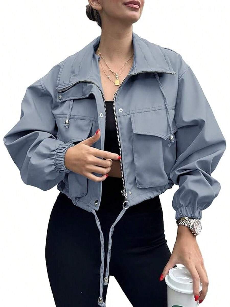 Womens Cropped Zip Up Lightweight Oversized Utility Anorak Coat With Pockets, Style EBU0 - Blue Grey - View 1