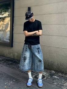 American Retro American Street Washed Insect Graffiti Denim Shorts Men's Loose Straight Casual Cropped Pants - Multicolor - View 2