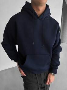 GRDR Men's Casual Street Hooded Sweatshirt, Solid Color With Thermal Lining, Loose Fit, Autumn/Winter - Navy Blue - View 3