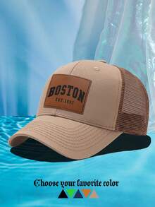 1pc Men's Personalized Leather Label BOSTON Laser Slogan Casual Outdoor Fashion Breathable Adjustable Size Hard Top Baseball Mesh Cap, Suitable For Daily Wear - H - View 13
