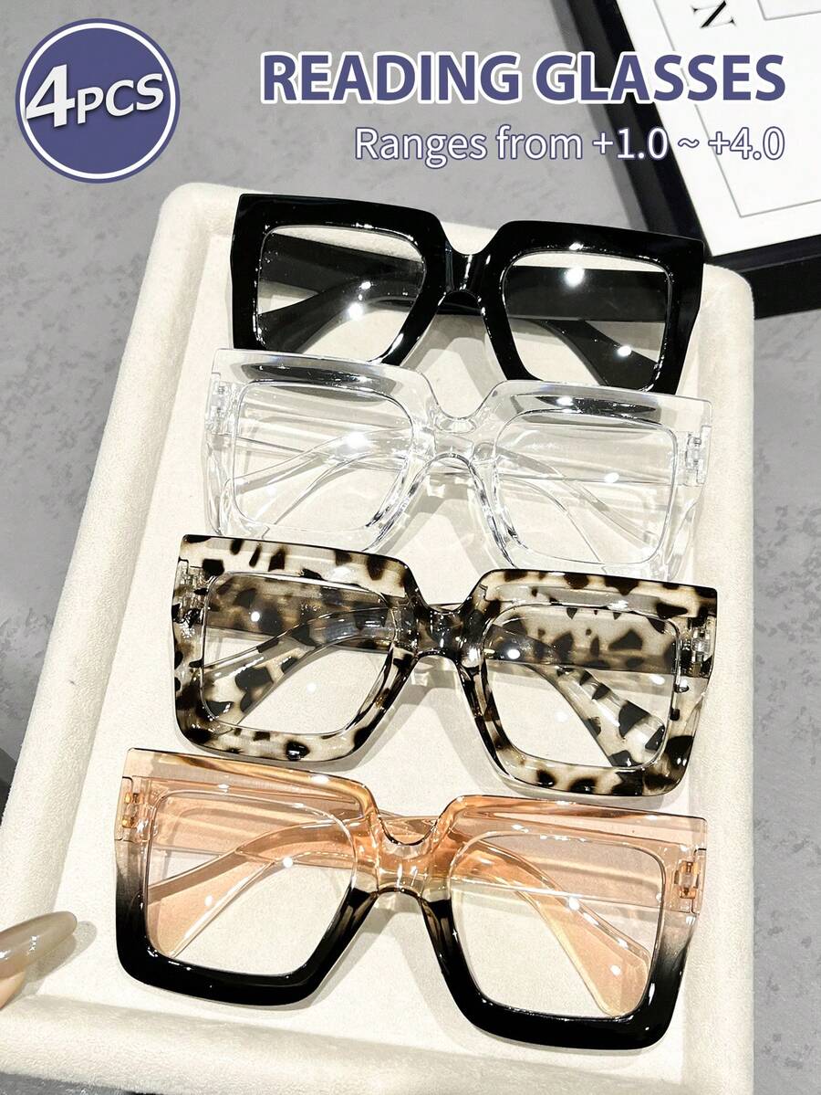 1 pieza/4 piezas Gafas de lectura de mujer con marco geométrico grande de plástico multicolor exagerado personalizado, con 6 opciones de dioptrías de +1.0 a +2.5 aumentos, para actividades al aire libre, citas, oficina, festivales musicales, salidas familiares y atuendos para salir - transparente - Ver 1