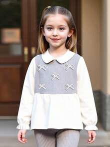 Girls Bowknot Top And Straight Leg Pants 2-Piece Set, Comfortable Casual Elegant Outfit For Spring/Autumn - Grey - View 5