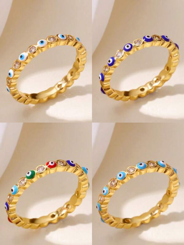 1PC Zirconia Evil Eye Rings For Women Gold Color Stainless Steel Evil Eye Finger Ring Lucky Aesthetic Turkish Wedding Waterproof Jewelry Gift