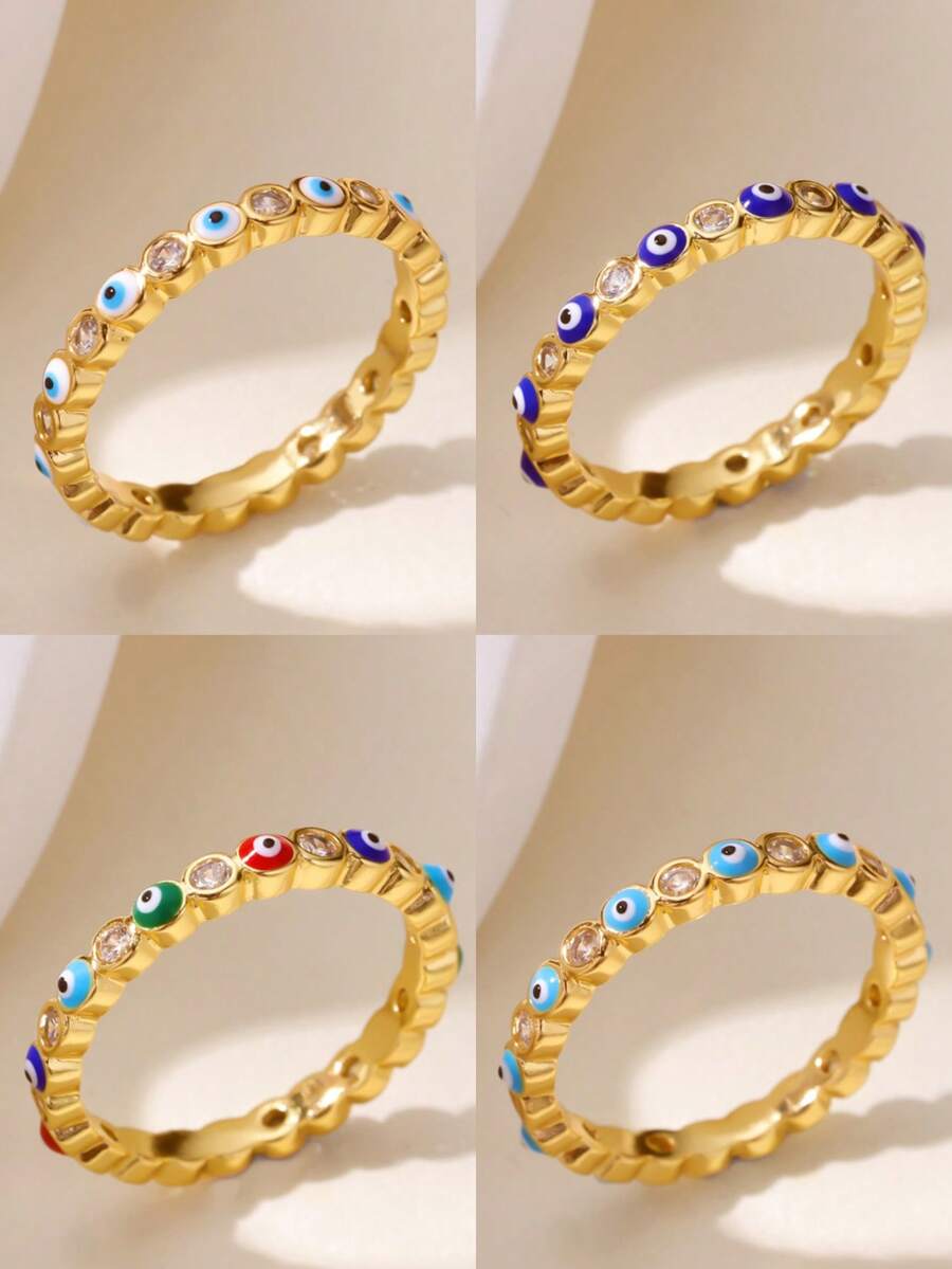 1件裝女性鋯石惡魔之眼戒指 金色惡魔之眼手指環 幸運美學土耳其婚禮防水飾品禮物 - 彩色 - 查看 1