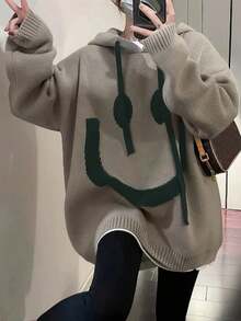 Herbst/Winter Europäischer & Amerikanischer Stil eleganter Oversize Damen Strickpullover, minimalistisches Gesichtsmuster Langarm Kapuzenpullover mit Kordelzug in Große Größen - Khaki - Übersicht 5