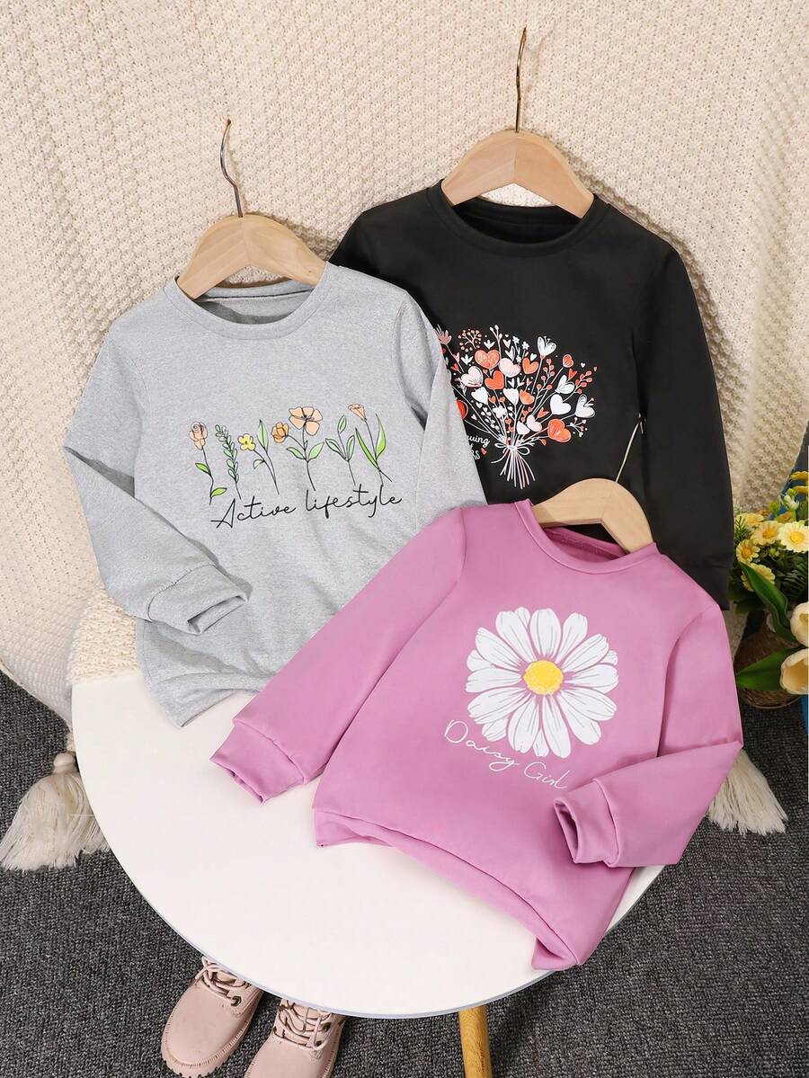 3 件套女童花卉印花圆领长袖 T 恤，儿童休闲上衣，多色，春秋 - 淺灰紫 - 查看 1