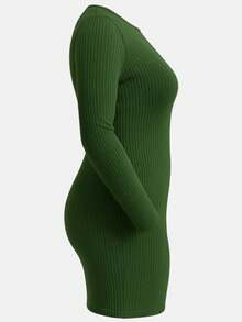 Plus Size Basic Short Dress Ribbed Long Sleeve Shaper Elegant Night Party Cold Light - Army Green - View 4