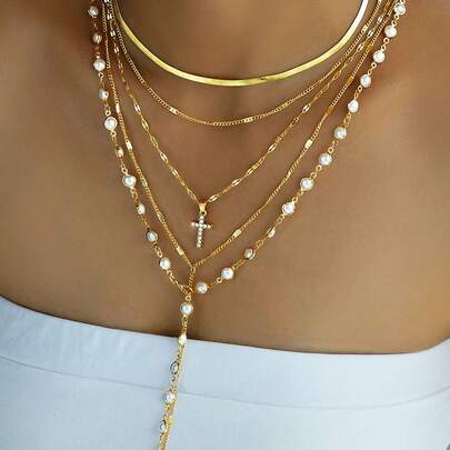 (Random Faux Pearl Quantity) 5pcs Simple Faux Pearl Cross Multi-Layer Necklace Set, Y-Shaped Chain Long Necklace, Women Sweater Chain, Suitable For Friendship, Summer Vacation, Date, Gift, Casual, Party, Wedding