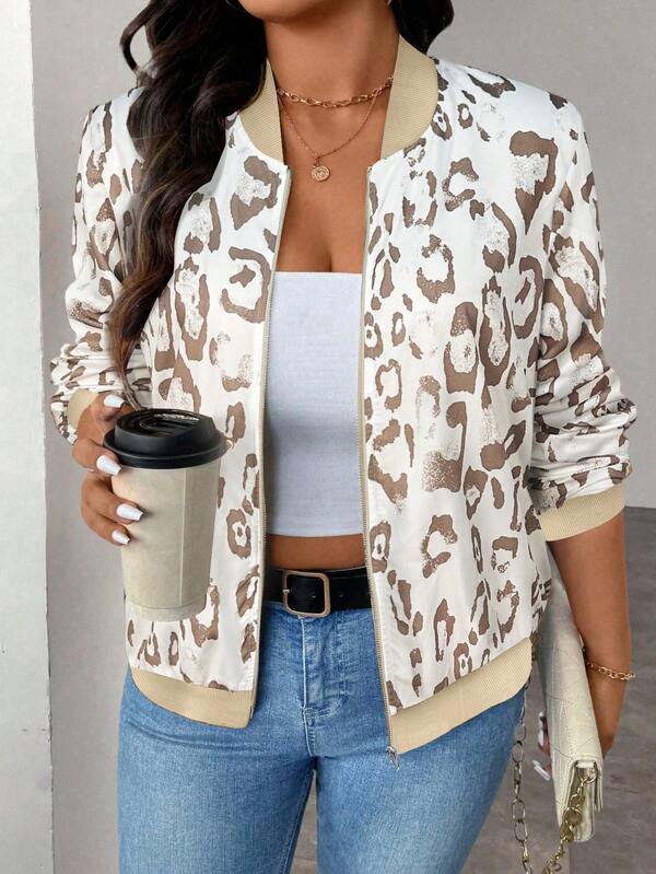 Jaqueta de beisebol feminina plus size Keke Bloomly Christmas, leve, manga comprida, com zíper, casual, cáqui, estampa de leopardo, moda