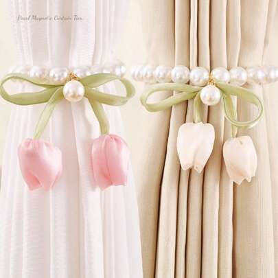 2PCS New Curtain Tiebacks With Pearl Magnetic Clasps, Tulip-Shaped Sheer Curtain Holders, Creative Decorative Accessories