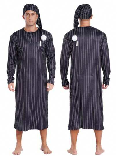UK Mens Striped Loose Sleepwear Long Sleeve Nightshirt Night Pajama Set With Cap
