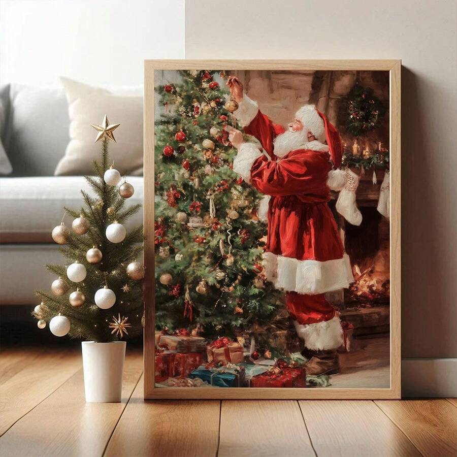 1 pièce, canevas murale, Décoration murale de Noël encadrée, Décoration vintage du Père Noël, Peinture d'arbre de Noël, Père Noël portant des cadeaux, Art de Noël, Affiche de Noël d'hiver, Peinture à l'huile de Noël vintage, Art des fêtes, Peinture à l'huile de style campagnard, Ornements de Noël