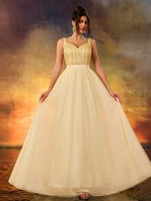 Women's Sequins Sparkling A Swing Dress Elegant V-Neck Tulle Flutter Evening Dress For Wedding Guest Formal Evening Birthday Party - Gold - View 4